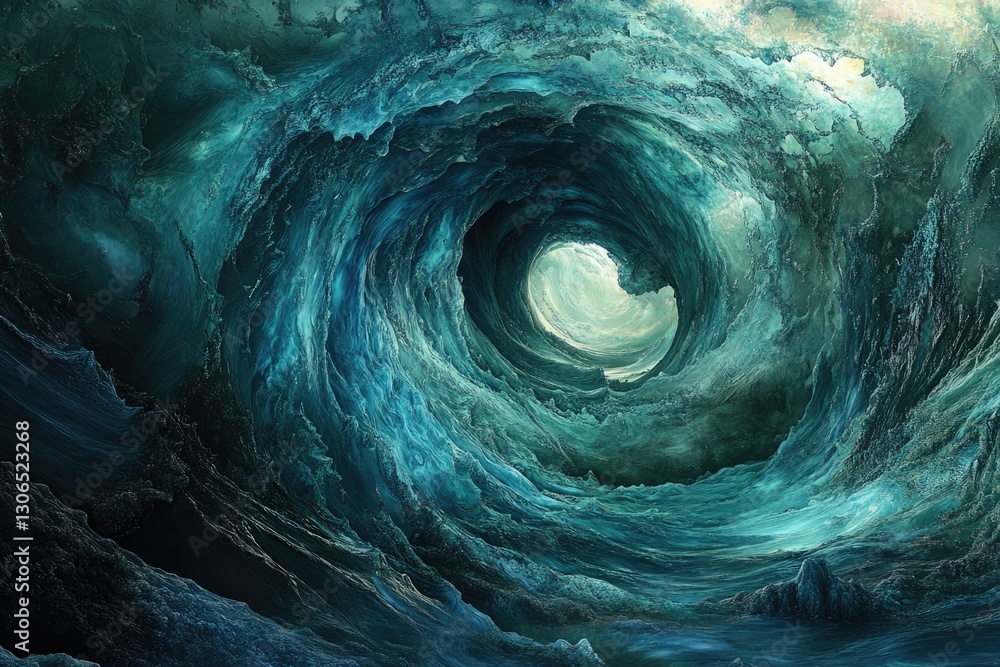Poster a mesmerizing digital artwork depicting a swirling vortex of teal and dark blue ocean waves, creatin