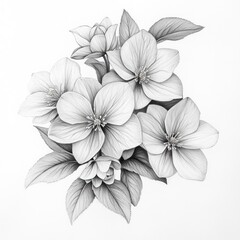 Detailed grayscale illustration of a flower bouquet.