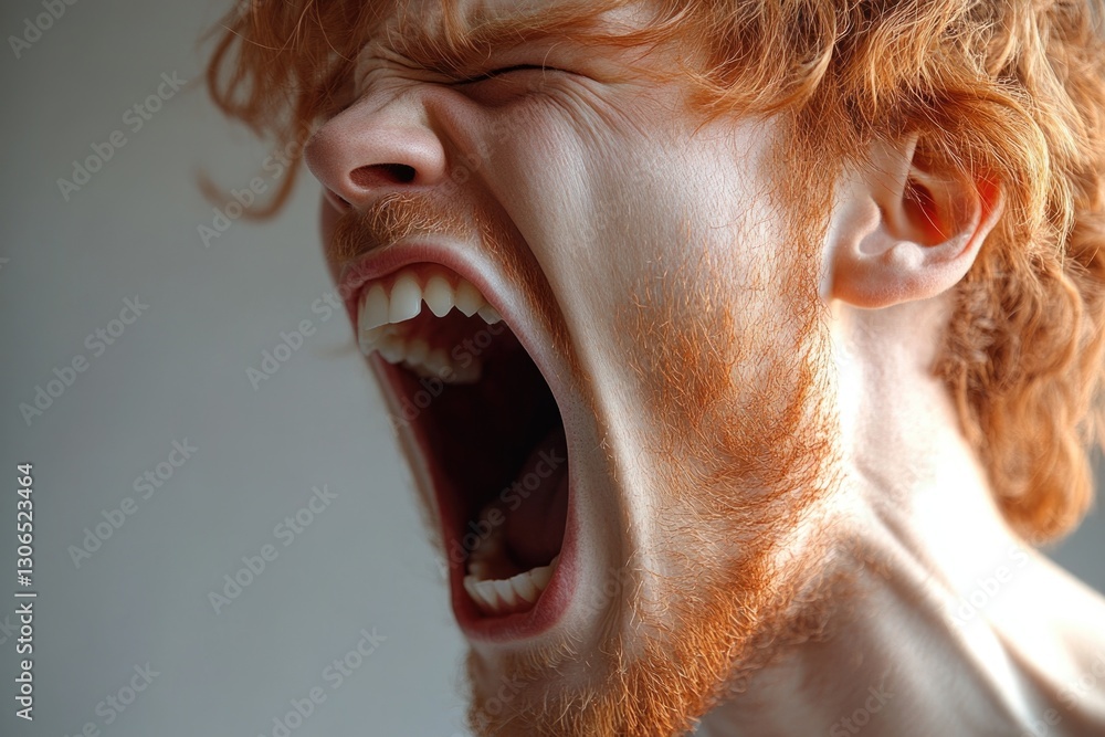 Poster a close-up view of a person's face with their mouth open, ideal for use in illustrations about shock