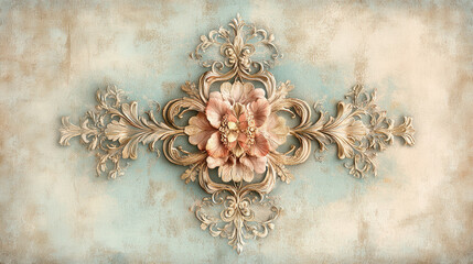 An artistic ornamental design, symmetrical floral motif with elaborate detailing, washed-out pastel tones of blush and teal