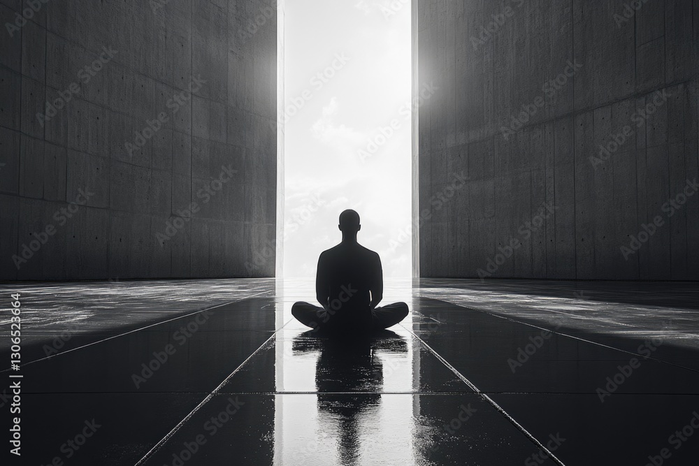Poster a person sitting in a spacious area with minimal decor