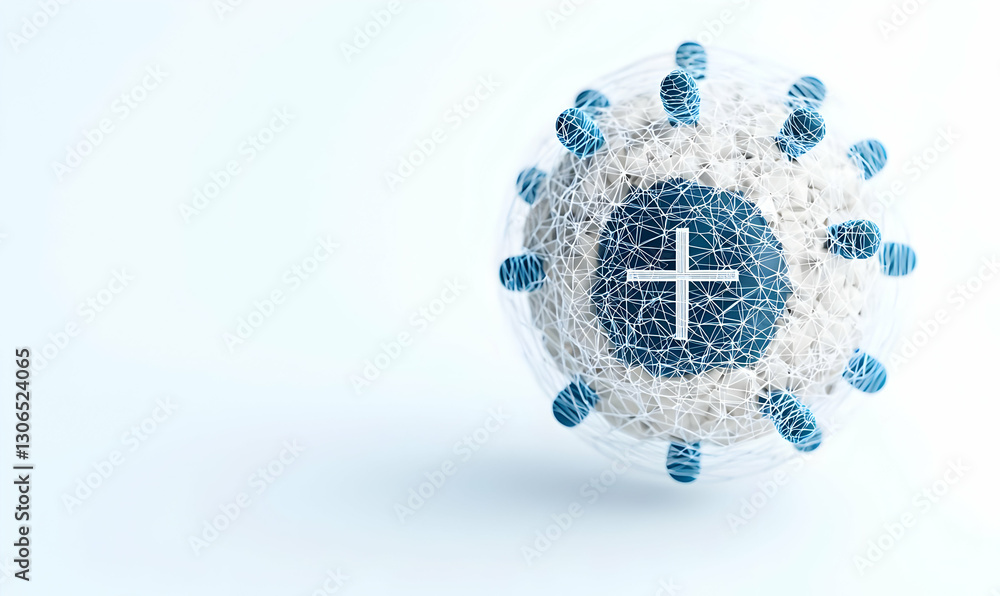 Poster abstract depiction of virus structure with digital representation and cross