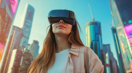 Young Woman Enjoying Virtual Reality Experience in Urban Setting