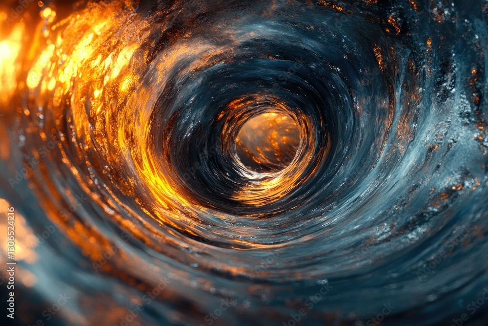Poster a mesmerizing swirling vortex of water, fiery orange hues contrasting with deep blues, creating a ca