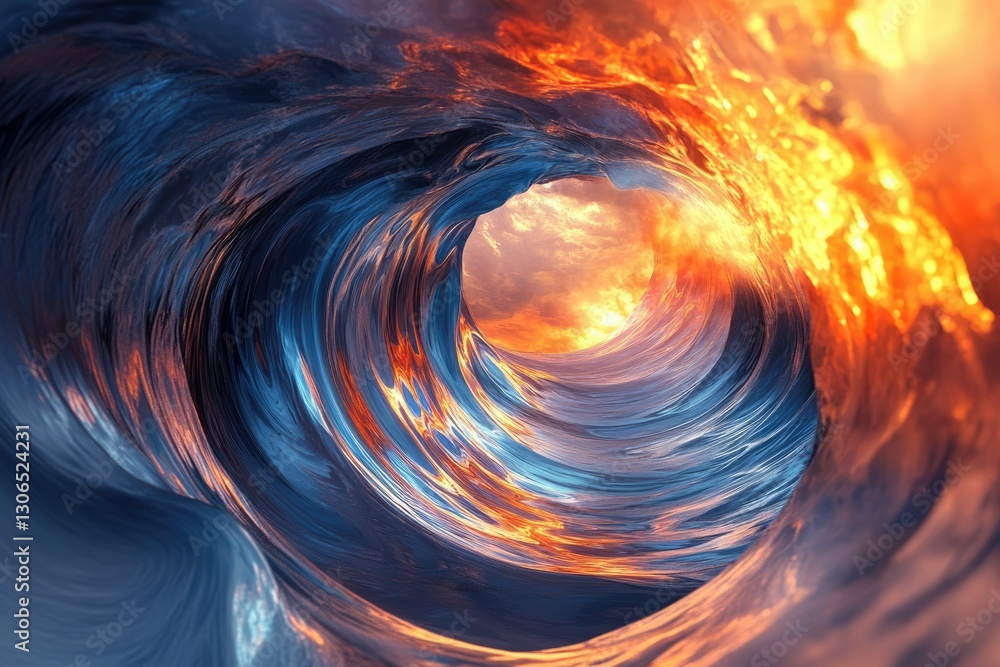 Poster a swirling ocean wave, fiery sunset reflected within its depths, creating a mesmerizing, surreal sce