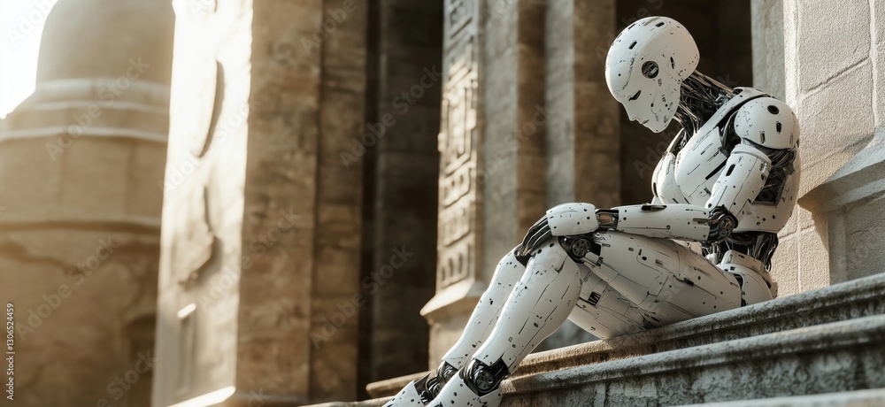 Poster lonely humanoid robot sitting on steps in ancient architecture, reflecting on existence