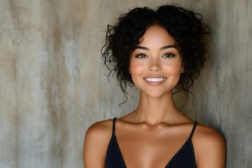 Fototapeta premium Portrait of a Smiling Woman with Curly Hair Against Textured Wall