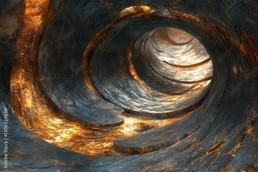 Poster Abstract swirling tunnel of dark gray and gold, creating a mesmerizing depth and texture.