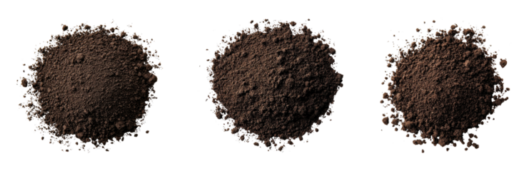 Varieties of finely ground coffee powder on transparent background