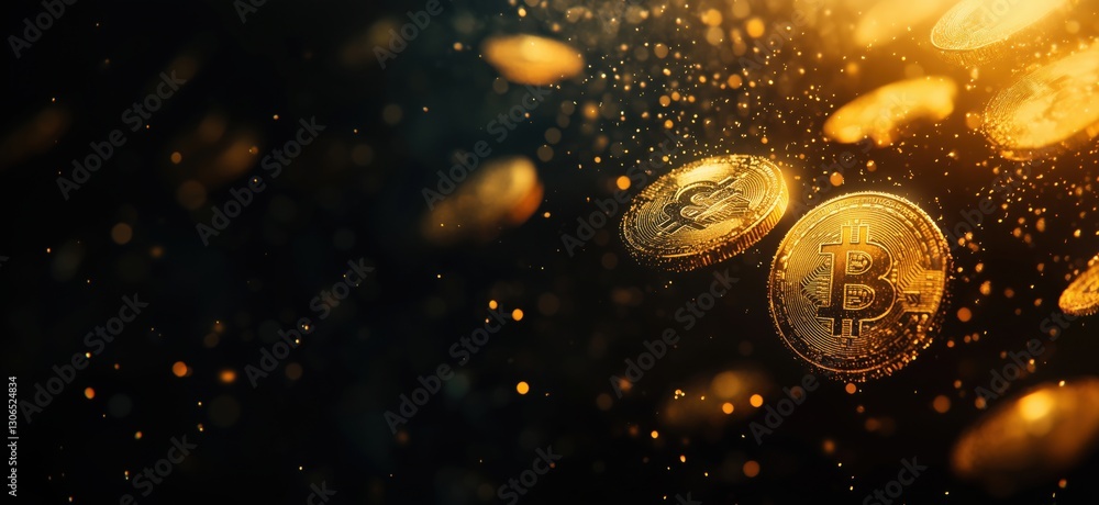 Poster bitcoin and cryptocurrency coins floating in a golden sparkly background