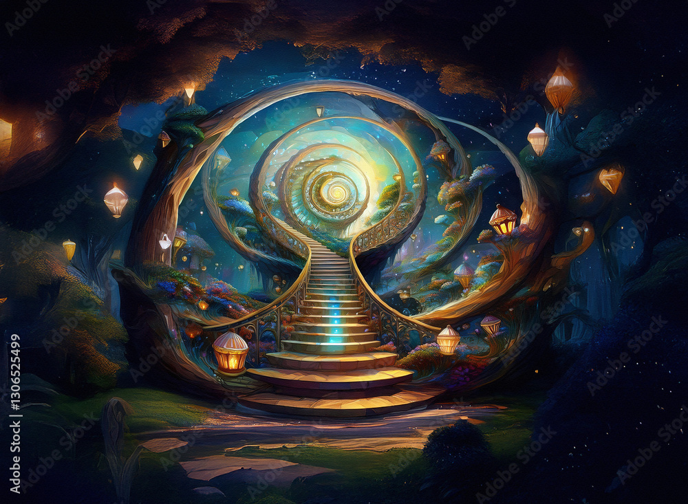 Poster whimsical portal with a swirling vortex background and glowing structures. a bright stairway leads t