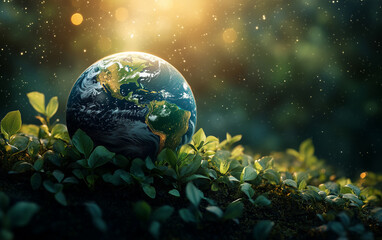 Earth surrounded by lush green plants
