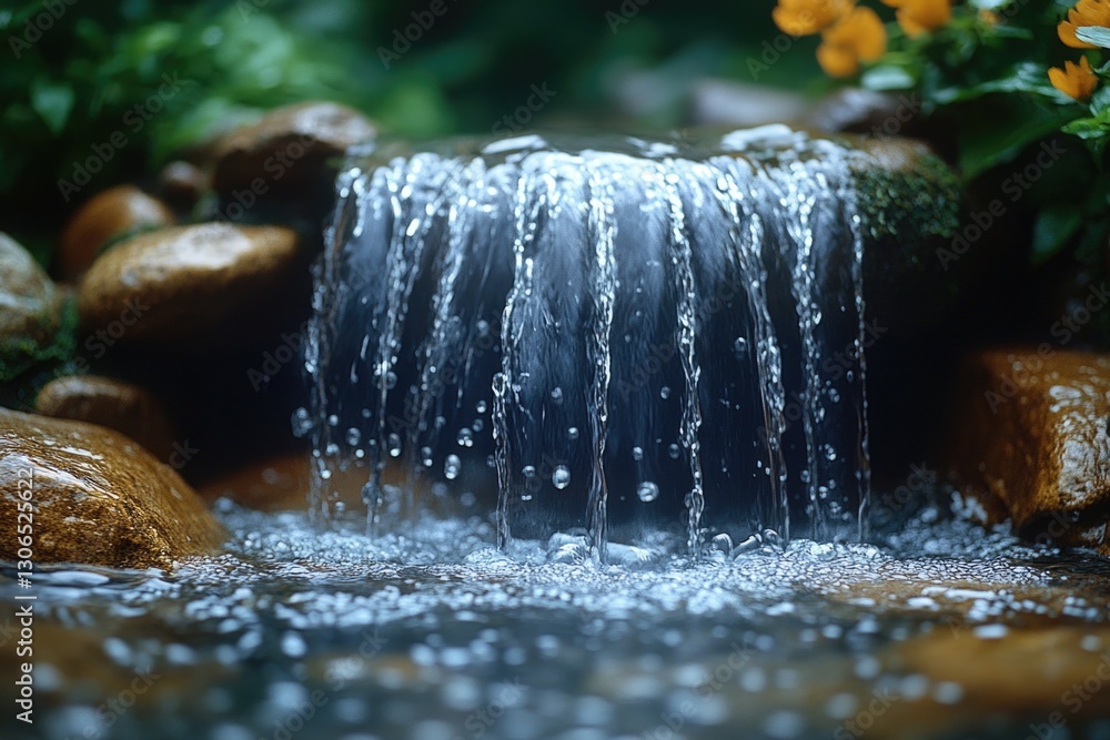 Poster a small waterfall flows over rocks in a serene garden setting