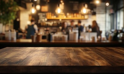 Wooden Tabletop in a Warm Blurred Cafe Interior with People