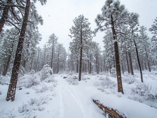Obraz premium snow-covered pine forest, capturing the tranquillity of falling snowflakes against the serene backdrop