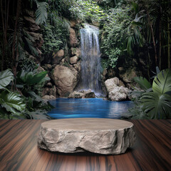 round stone podium against the backdrop of a waterfall
