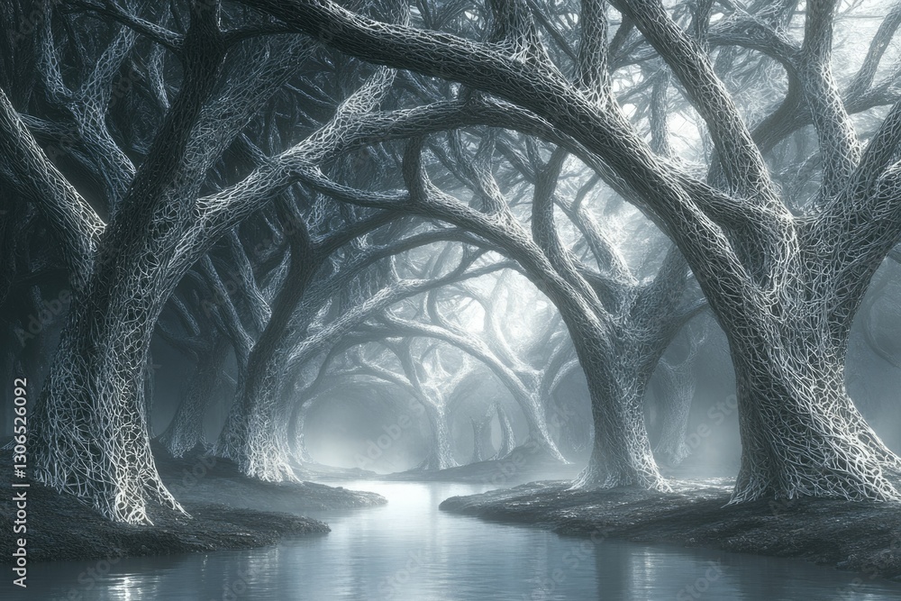 Poster Eerie, mystical forest with intricate, web-like trees arching over a tranquil stream.