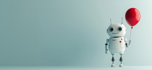 Cute robot holding red balloon in minimalist setting with soft blue background