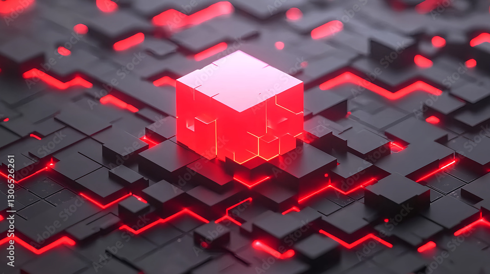 Poster dynamic red cube action in abstract digital landscape futuristic environment close-up view technolog