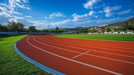 Vibrant Red Running Track Curving Through Lush Green Field Under Clear Blue Sky Evoking Joyful Energy
