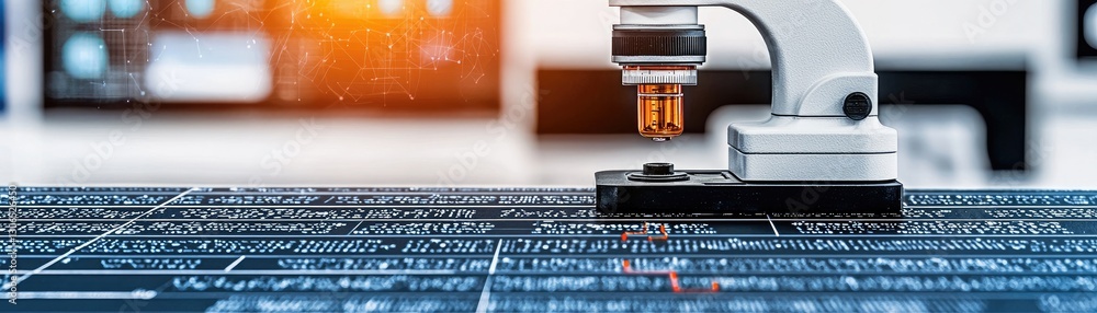 Poster microscope inspecting circuit board; lab background. tech innovation