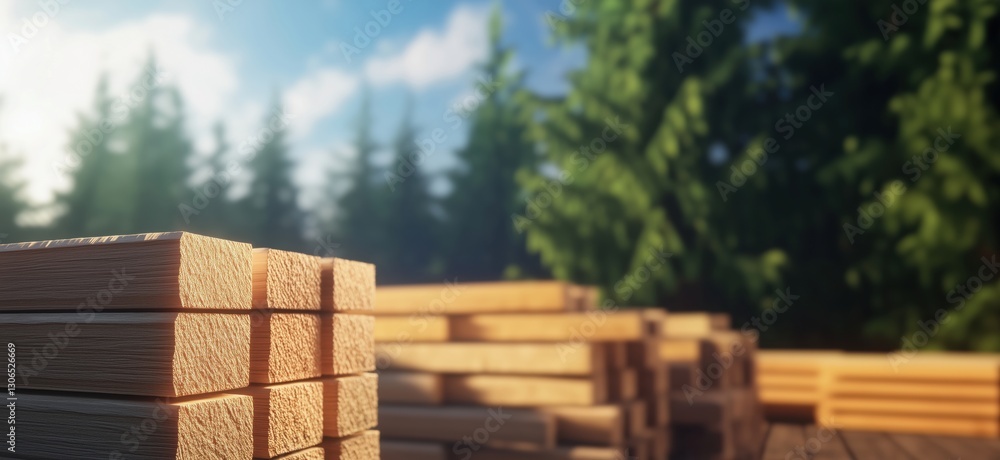 Poster wooden lumber stacks in forest setting with sunlight filtering through trees