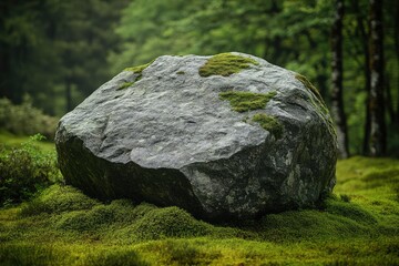 Large moss-covered boulder rests in a lush green mossy landscape.