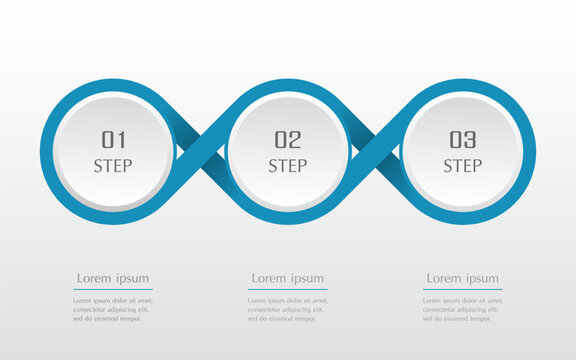 Blue infographic template with 3 steps, options, parts or processes. Presentation of teamwork or business processes. Concept of molecule or infinity sign.