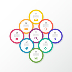 Step by step circle infographic template with 9 options, parts or processes.