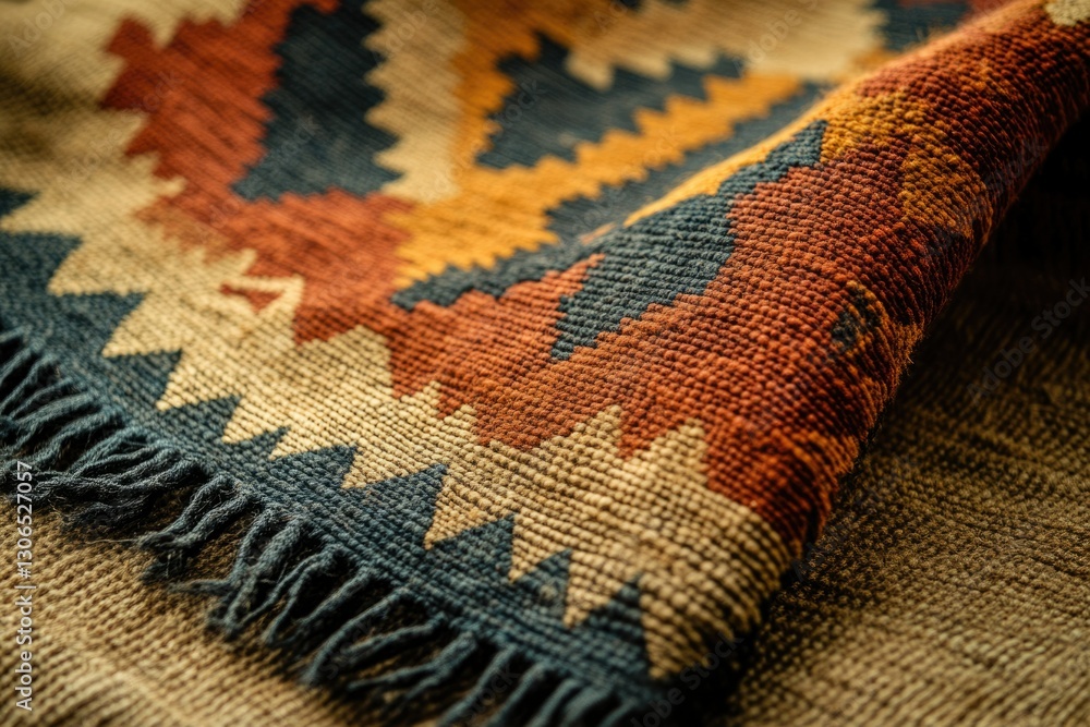 Aufkleber close-up of a richly textured rug with a geometric pattern in earthy tones, showcasing intricate det