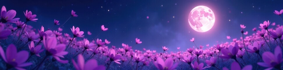 Fototapeta premium Ethereal purple flowers radiate under a silvery moon , flowers, dark, magical