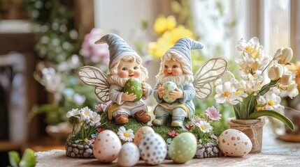 Fototapeta premium A cute Easter gnome and fairy with wings holding an egg, sitting on the table in front of them is an Easter garden figurine with flowers, mushrooms, and eggs. 