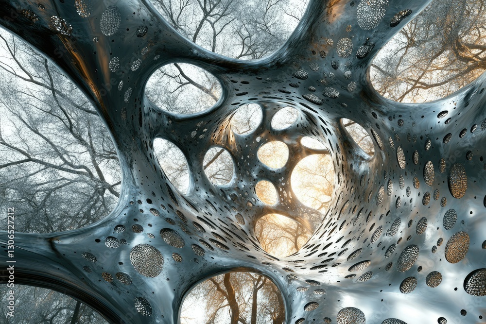 Poster abstract metallic sculpture with organic forms creating a tunnel-like structure, showcasing intricat
