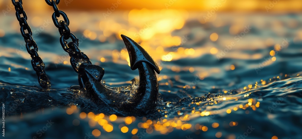 Poster close-up of anchor submerged in water with sunset reflections and bokeh effect