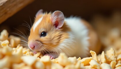 Fluffy Syrian hamster sleeping in wood shavings , paws, whiskers