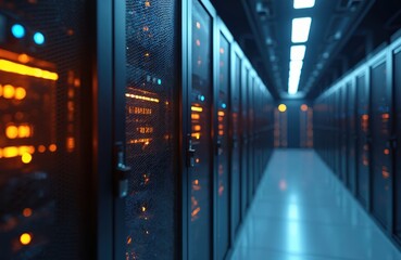 Edge computing server room shows rows of data processing servers. Faster data streams between rack mounted hardware for information analysis. Cyberspace tech, high speed network connectivity,