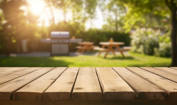 Wooden Table Surface with Outdoor Barbecue Scene for Product Display
