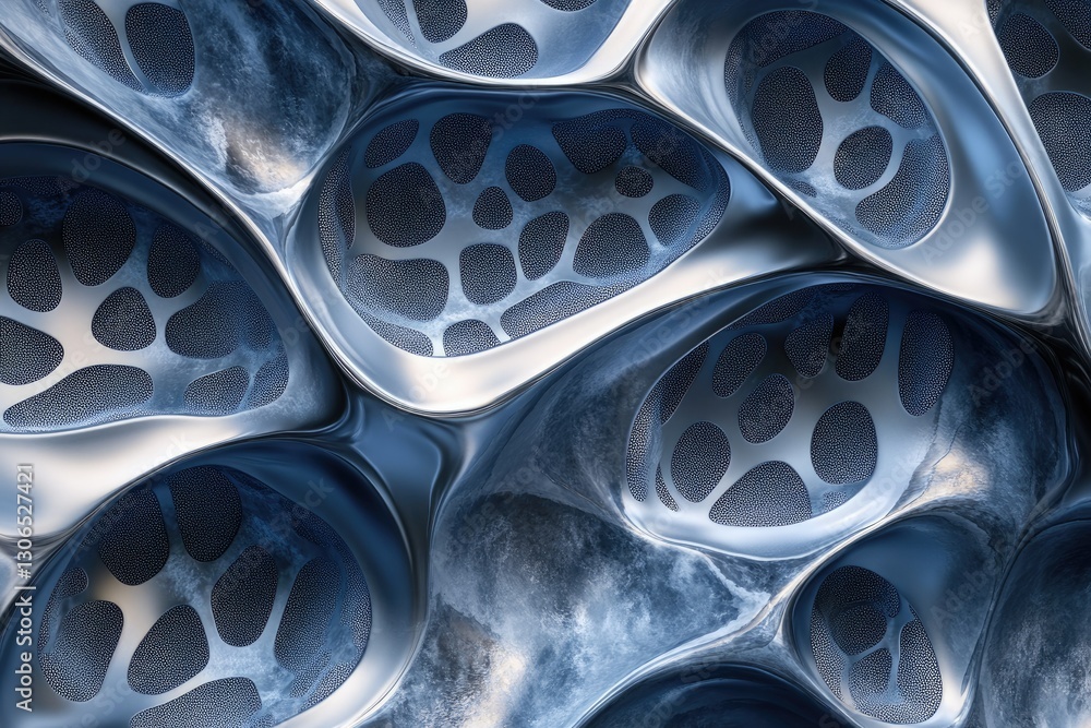 Poster Abstract metallic surface with organic, flowing shapes and textured, perforated patterns.
