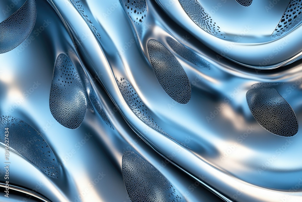 Poster abstract 3d rendering of flowing metallic surface with textured ovals.