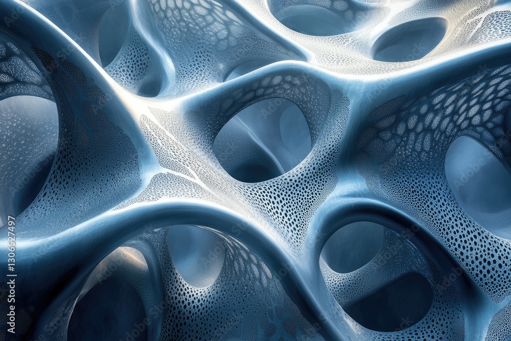 Aufkleber abstract 3d render of a biomorphic, porous, metallic structure with intricate details and a cool blu