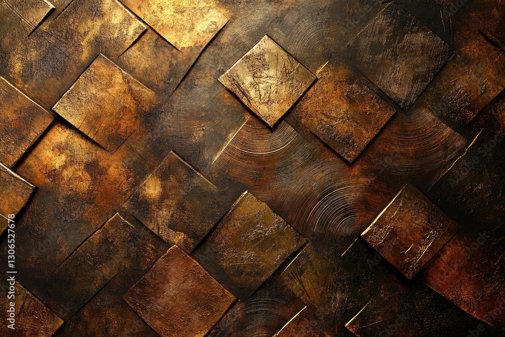 Poster abstract background of overlapping bronze squares with a textured, metallic finish.