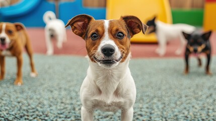 Happy Dogs Playing Together in a Colorful Outdoor Playground with Safe and Fun Atmosphere for Pets