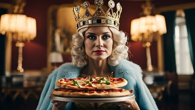 Queen with a pizza.