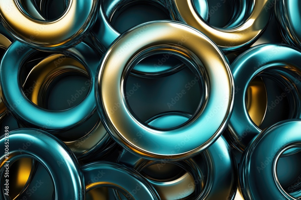 Poster Abstract image of overlapping metallic rings in teal and gold, creating a visually striking pattern.