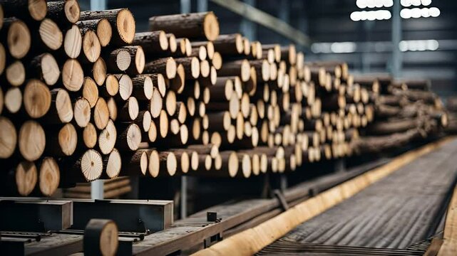 Tree trunks in a factory.