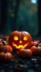 Obraz premium Dark orange pumpkins grouped around a dimly lit jack-o-lantern, spooky atmosphere, fall foliage