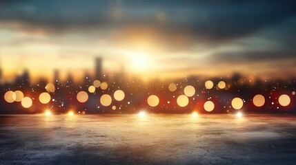 A stunning sunset casts warm light over a city skyline, with glowing bokeh effects creating a...