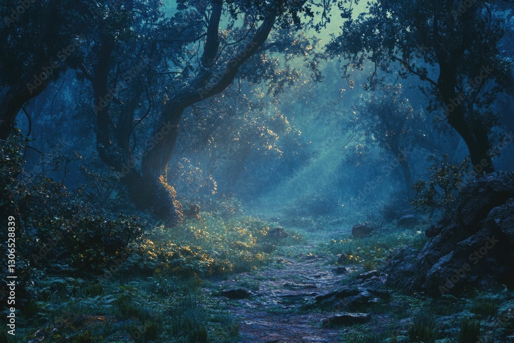 Aufkleber A mystical forest path winds through ancient trees shrouded in twilight's ethereal mist.