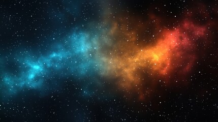 A vibrant cosmic scene featuring swirling clouds of blue, orange, and red against a backdrop of...