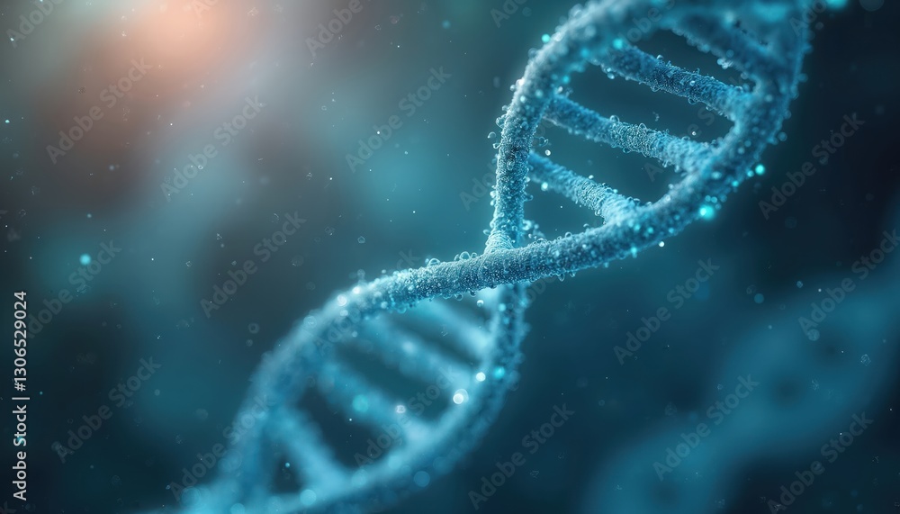 Poster Close-up view of DNA genome helix structure on blue background with copy space. Deoxyribonucleic acid spiral molecule concept for gene therapy, genetic engineering and scientific research.
